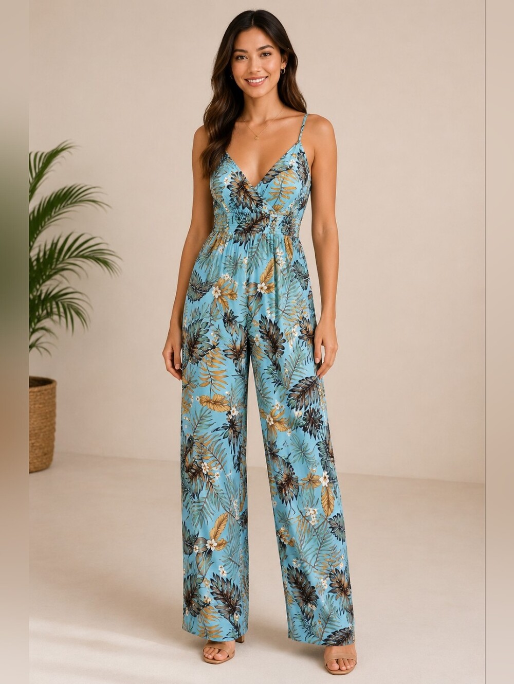 Tropical Floral Wide Leg Jumpsuit Blue Sleeveless Palazzo Wide Leg Romper L/XL